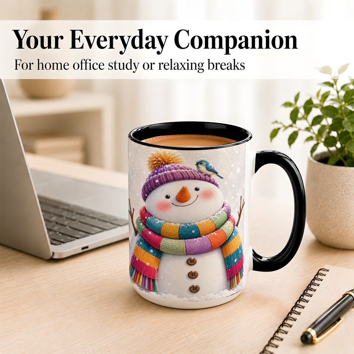 #pl[15oz|Black] Cozy Snowman Coffee Mug, Blue Bird Winter Mug, Ceramic Cup
