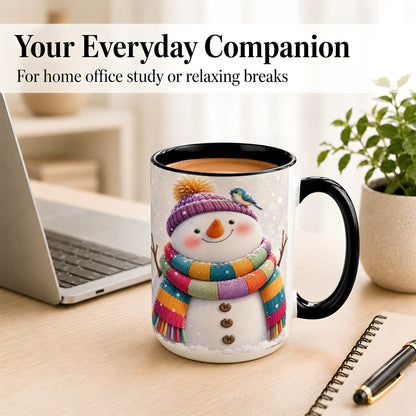 #pl[15oz|Black] Cozy Snowman Coffee Mug, Blue Bird Winter Mug, Ceramic Cup