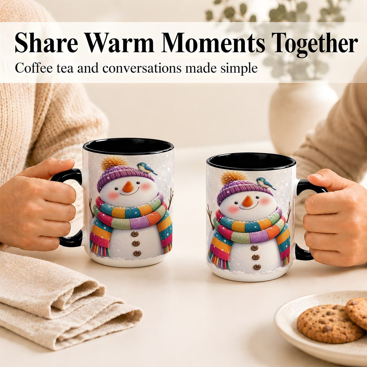 #pl[15oz|Black] Cozy Snowman Coffee Mug, Blue Bird Winter Mug, Ceramic Cup