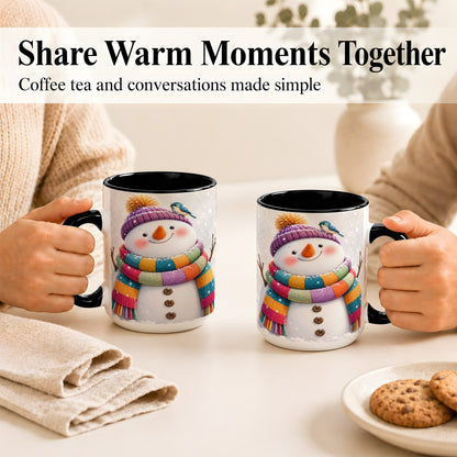 #pl[15oz|Black] Cozy Snowman Coffee Mug, Blue Bird Winter Mug, Ceramic Cup