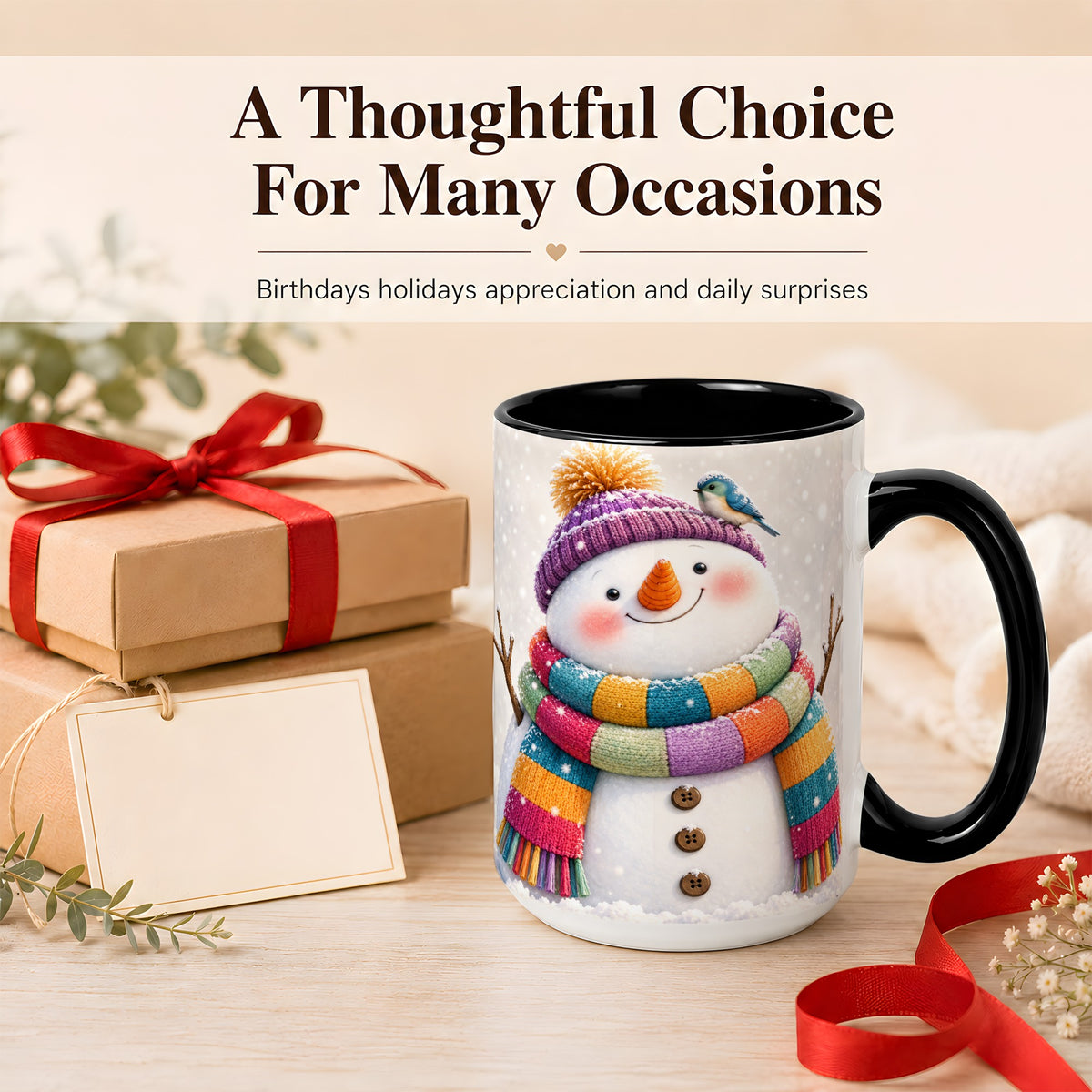 #pl[15oz|Black] Cozy Snowman Coffee Mug, Blue Bird Winter Mug, Ceramic Cup
