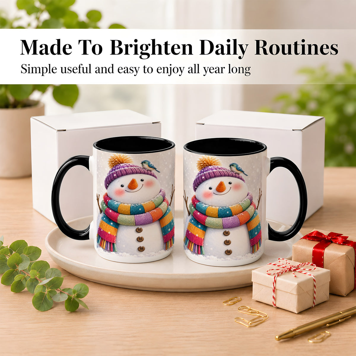 #pl[15oz|Black] Cozy Snowman Coffee Mug, Blue Bird Winter Mug, Ceramic Cup