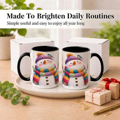 #pl[15oz|Black] Cozy Snowman Coffee Mug, Blue Bird Winter Mug, Ceramic Cup