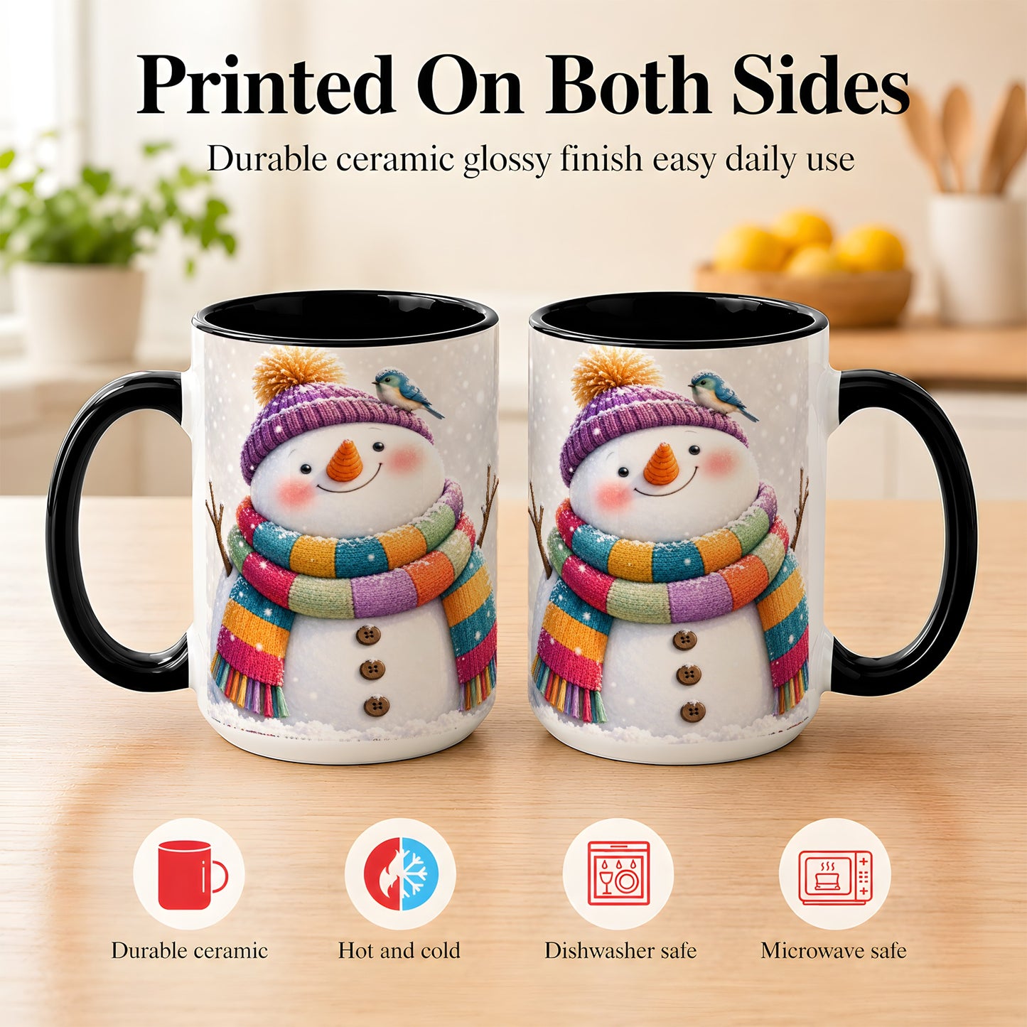 #pl[15oz|Black] Cozy Snowman Coffee Mug, Blue Bird Winter Mug, Ceramic Cup