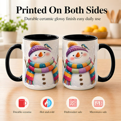 #pl[15oz|Black] Cozy Snowman Coffee Mug, Blue Bird Winter Mug, Ceramic Cup