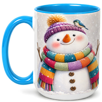 #pl[15oz|Blue] Cozy Snowman Coffee Mug, Blue Bird Winter Mug, Ceramic Cup
