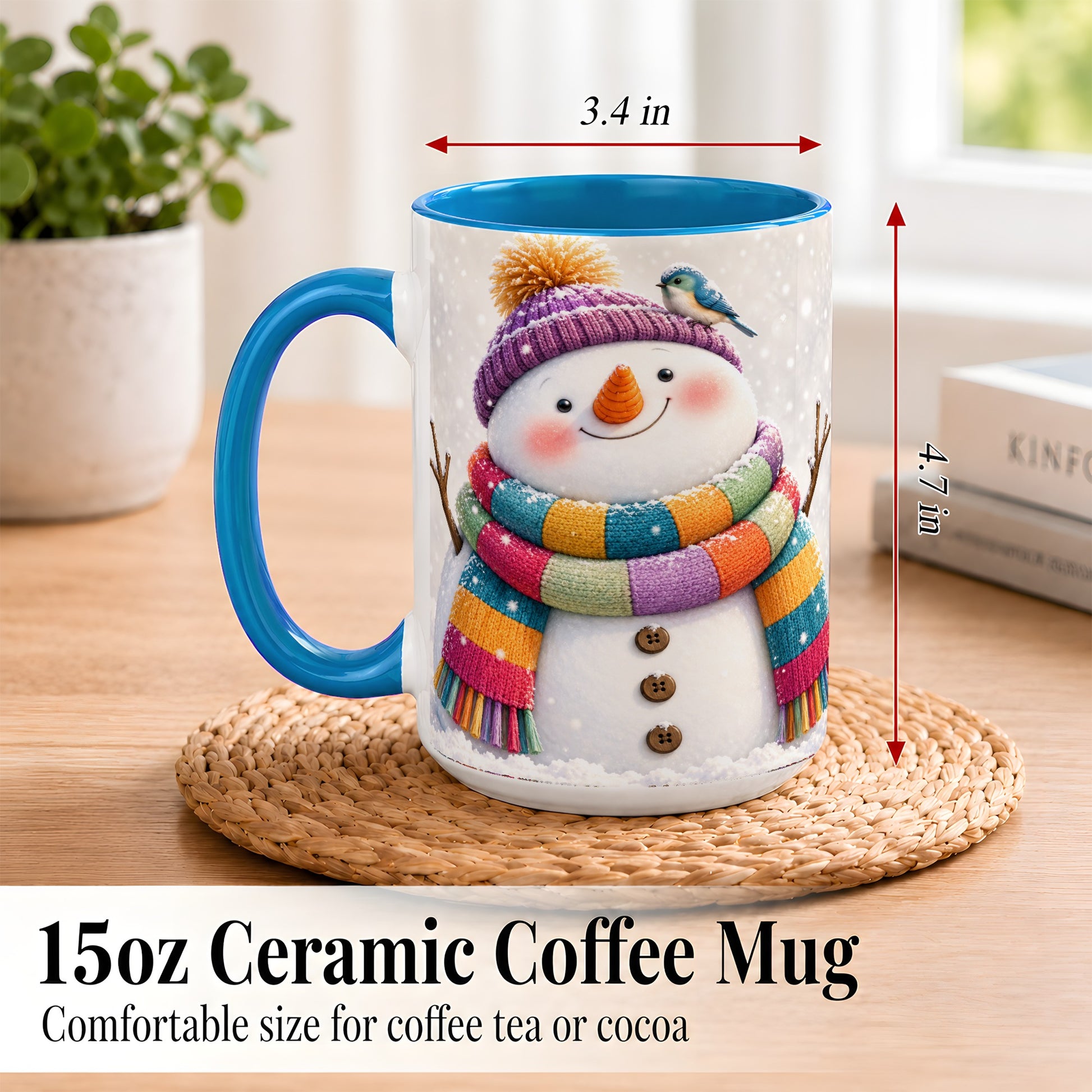 #pl[15oz|Blue] Cozy Snowman Coffee Mug, Blue Bird Winter Mug, Ceramic Cup