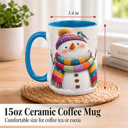 #pl[15oz|Blue] Cozy Snowman Coffee Mug, Blue Bird Winter Mug, Ceramic Cup