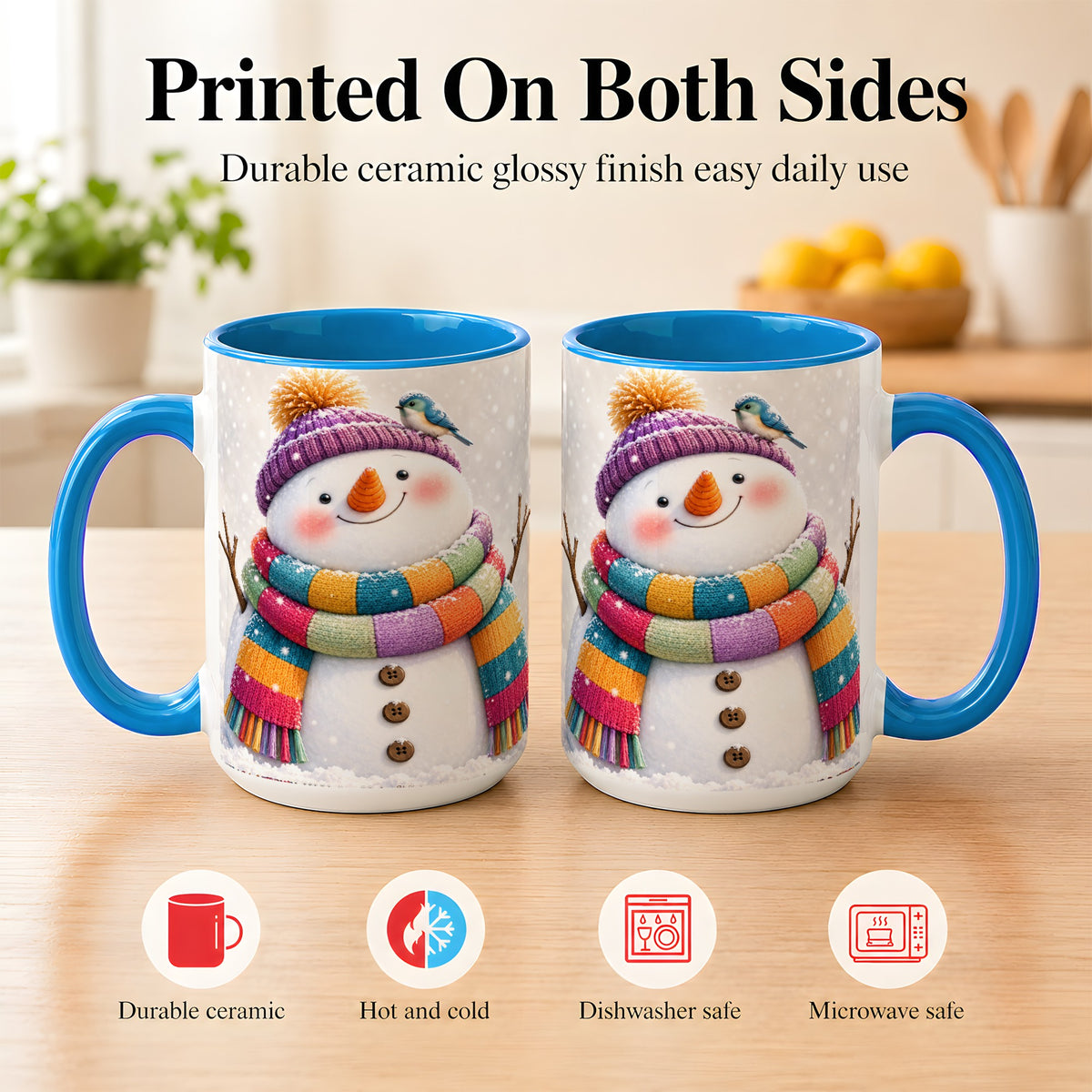 #pl[15oz|Blue] Cozy Snowman Coffee Mug, Blue Bird Winter Mug, Ceramic Cup