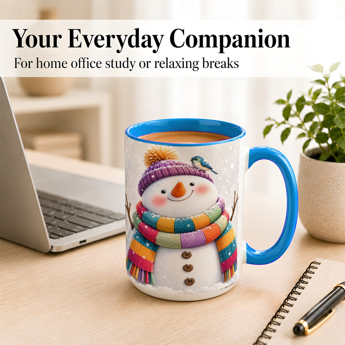 #pl[15oz|Blue] Cozy Snowman Coffee Mug, Blue Bird Winter Mug, Ceramic Cup