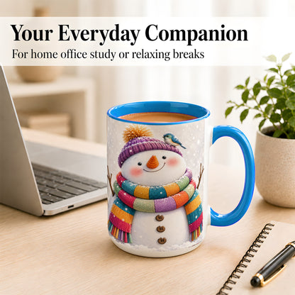 #pl[15oz|Blue] Cozy Snowman Coffee Mug, Blue Bird Winter Mug, Ceramic Cup
