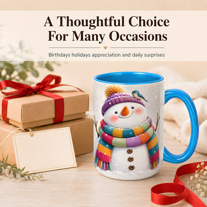 #pl[15oz|Blue] Cozy Snowman Coffee Mug, Blue Bird Winter Mug, Ceramic Cup
