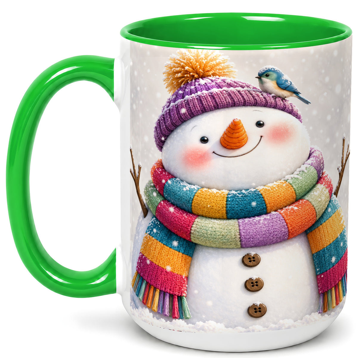 #pl[15oz|Green] Cozy Snowman Coffee Mug, Blue Bird Winter Mug, Ceramic Cup