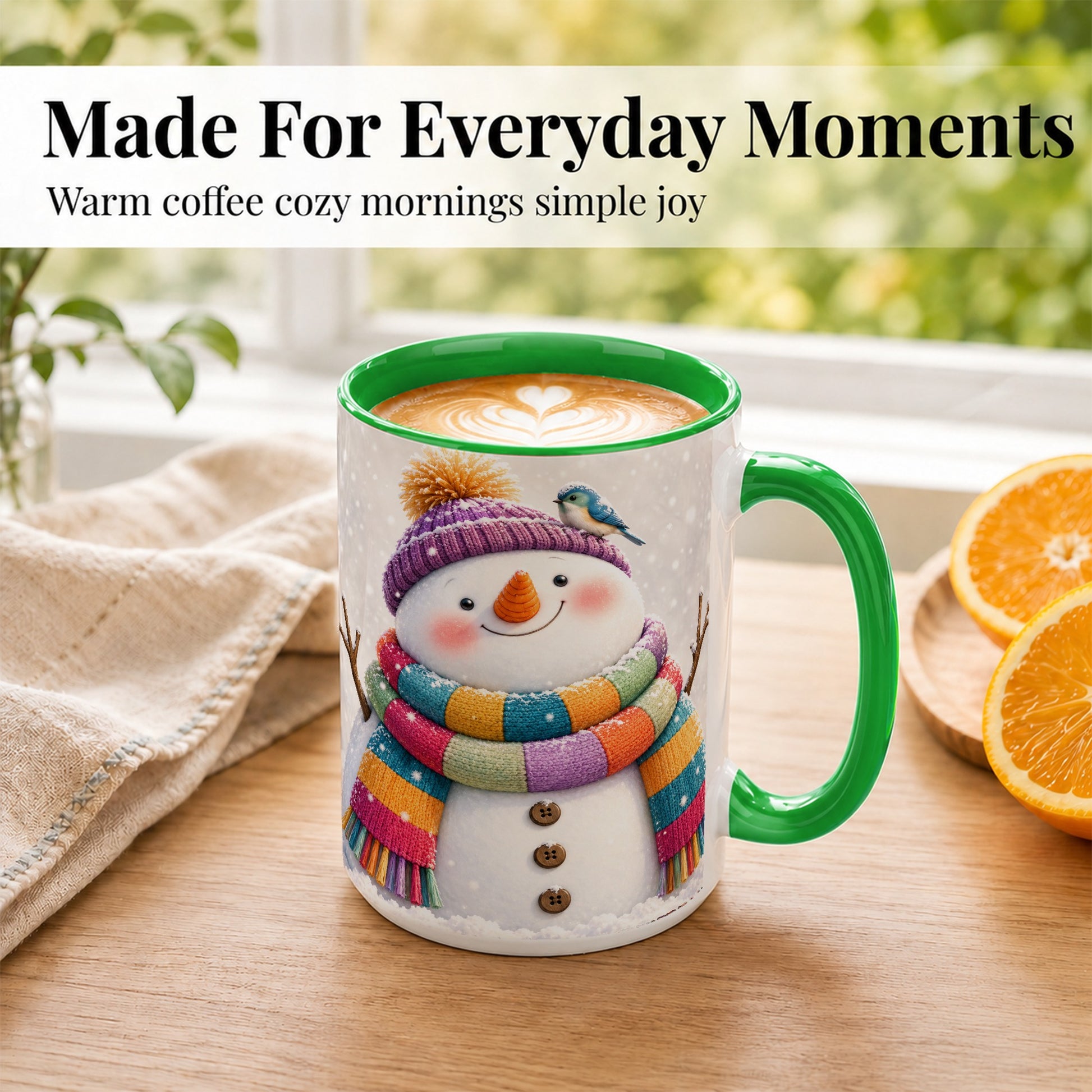 #pl[15oz|Green] Cozy Snowman Coffee Mug, Blue Bird Winter Mug, Ceramic Cup