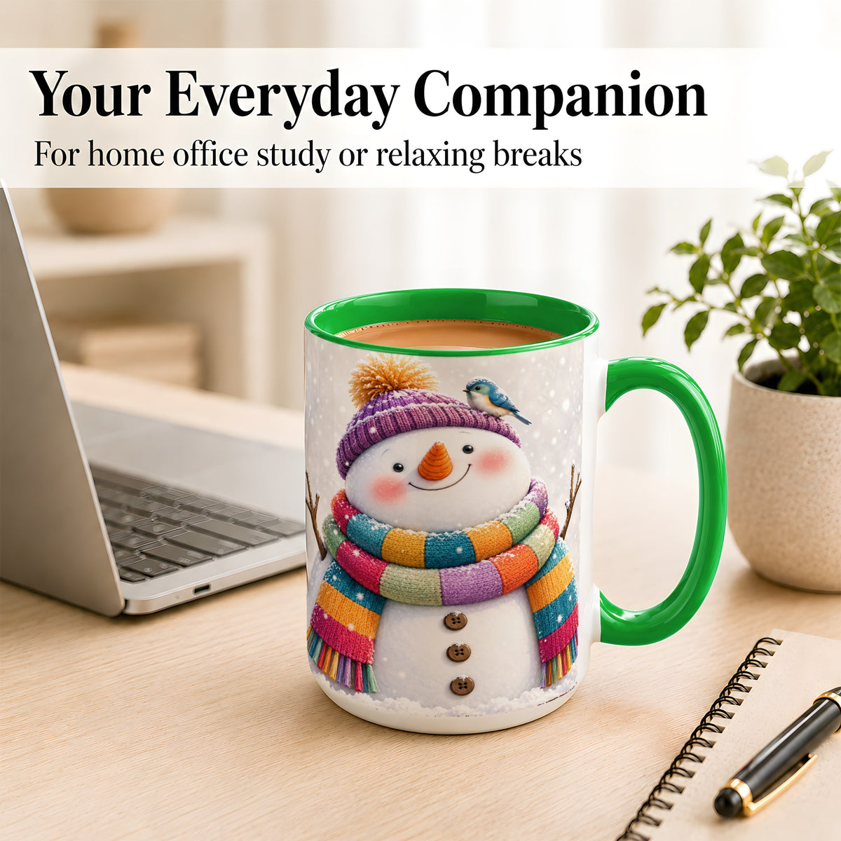 #pl[15oz|Green] Cozy Snowman Coffee Mug, Blue Bird Winter Mug, Ceramic Cup