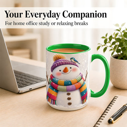 #pl[15oz|Green] Cozy Snowman Coffee Mug, Blue Bird Winter Mug, Ceramic Cup