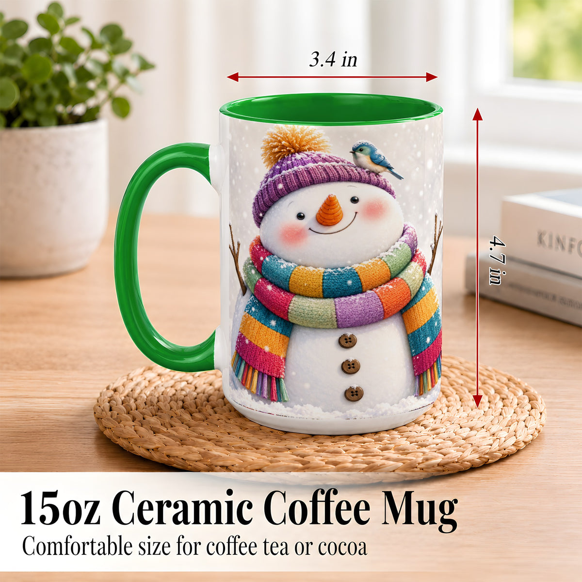 #pl[15oz|Green] Cozy Snowman Coffee Mug, Blue Bird Winter Mug, Ceramic Cup