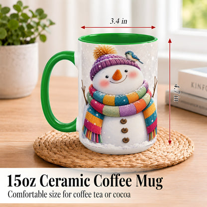 #pl[15oz|Green] Cozy Snowman Coffee Mug, Blue Bird Winter Mug, Ceramic Cup