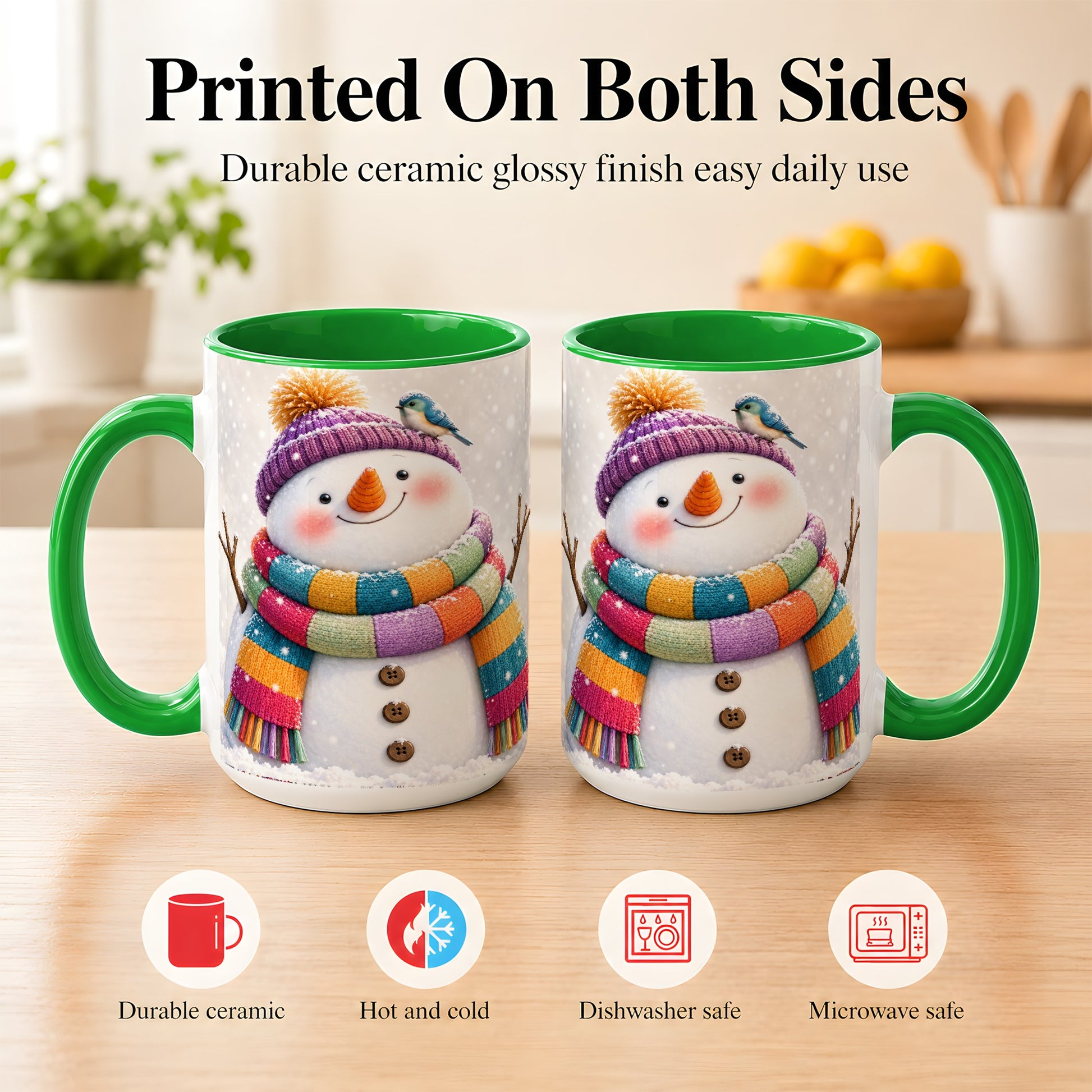 #pl[15oz|Green] Cozy Snowman Coffee Mug, Blue Bird Winter Mug, Ceramic Cup