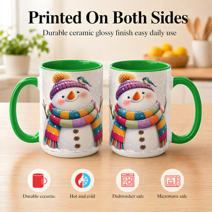 #pl[15oz|Green] Cozy Snowman Coffee Mug, Blue Bird Winter Mug, Ceramic Cup