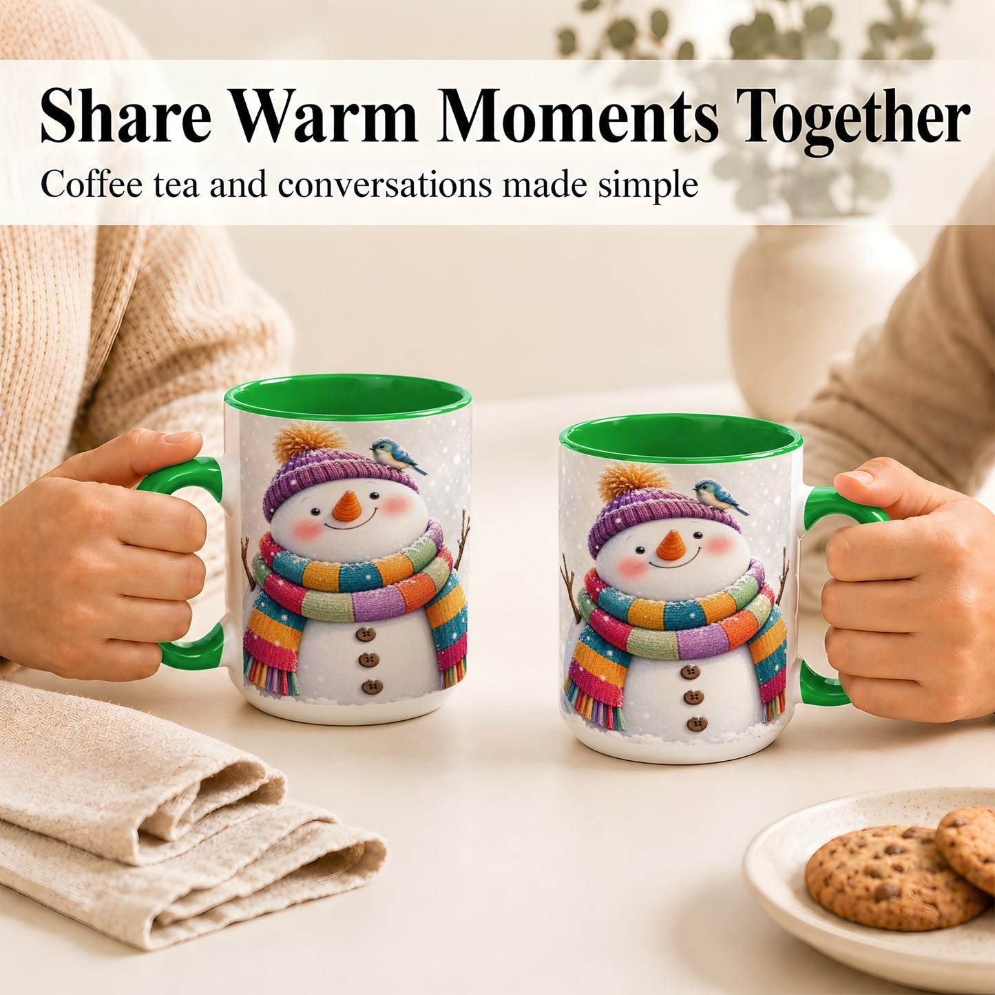 #pl[15oz|Green] Cozy Snowman Coffee Mug, Blue Bird Winter Mug, Ceramic Cup