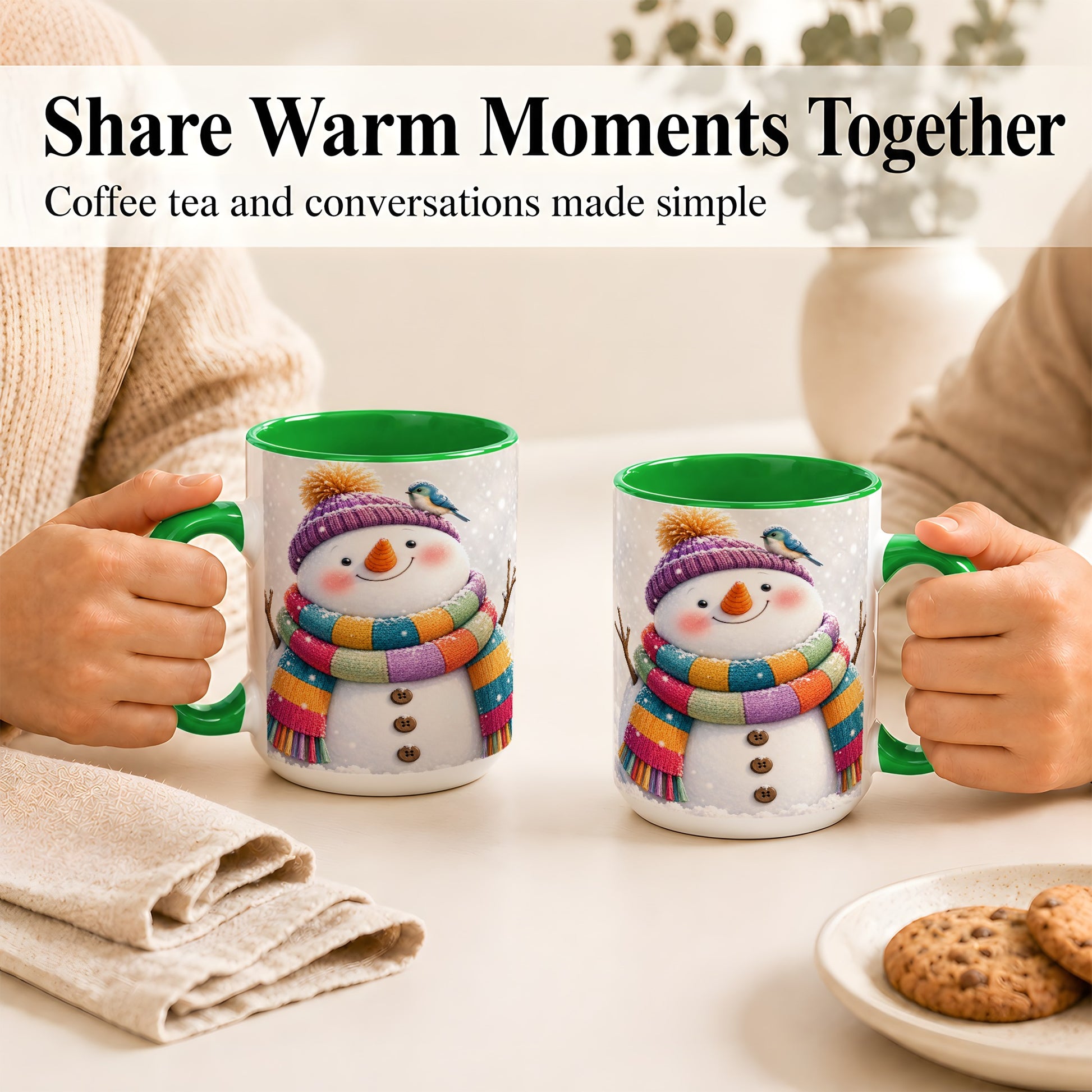 #pl[15oz|Green] Cozy Snowman Coffee Mug, Blue Bird Winter Mug, Ceramic Cup