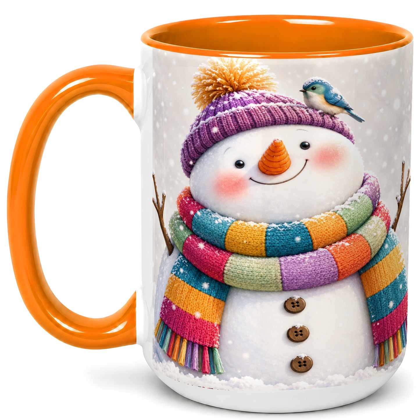 #pl[15oz|Orange] Cozy Snowman Coffee Mug, Blue Bird Winter Mug, Ceramic Cup