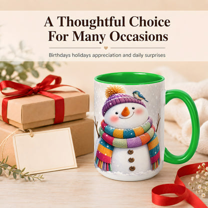 #pl[15oz|Green] Cozy Snowman Coffee Mug, Blue Bird Winter Mug, Ceramic Cup