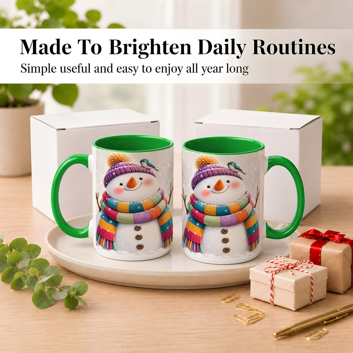 #pl[15oz|Green] Cozy Snowman Coffee Mug, Blue Bird Winter Mug, Ceramic Cup