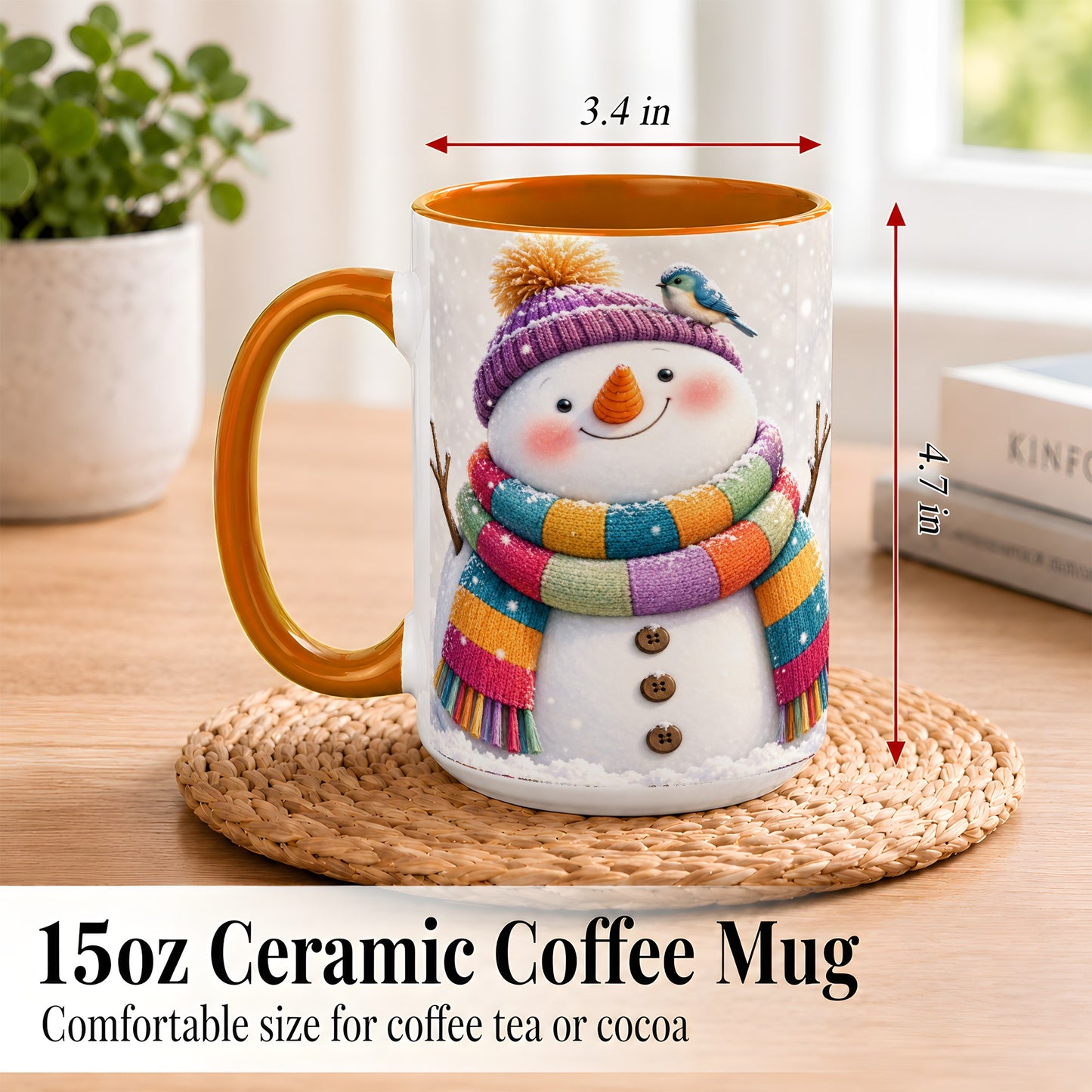 #pl[15oz|Orange] Cozy Snowman Coffee Mug, Blue Bird Winter Mug, Ceramic Cup