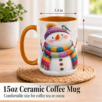 #pl[15oz|Orange] Cozy Snowman Coffee Mug, Blue Bird Winter Mug, Ceramic Cup