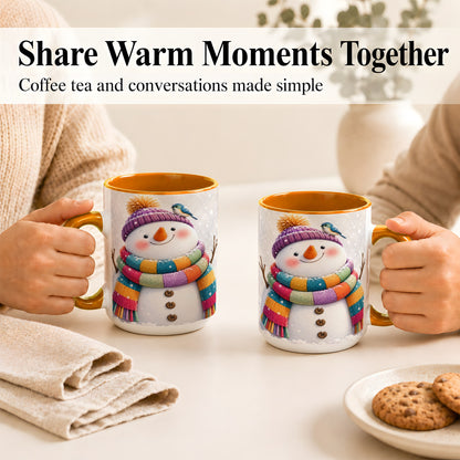 #pl[15oz|Orange] Cozy Snowman Coffee Mug, Blue Bird Winter Mug, Ceramic Cup