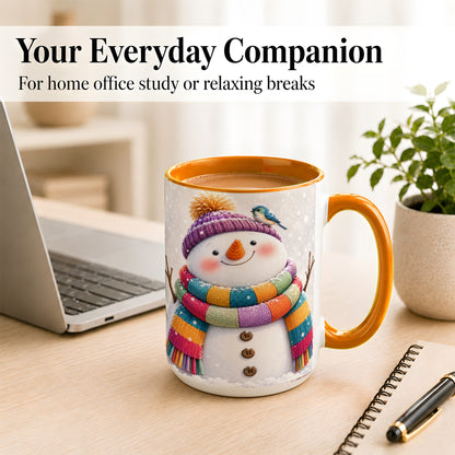 #pl[15oz|Orange] Cozy Snowman Coffee Mug, Blue Bird Winter Mug, Ceramic Cup
