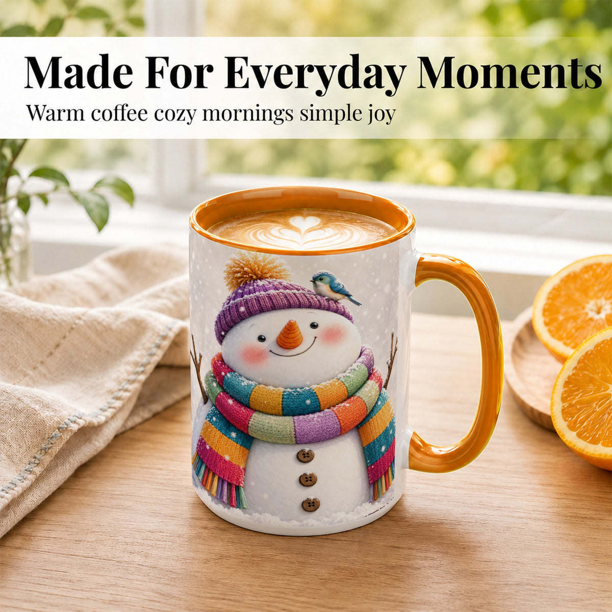 #pl[15oz|Orange] Cozy Snowman Coffee Mug, Blue Bird Winter Mug, Ceramic Cup