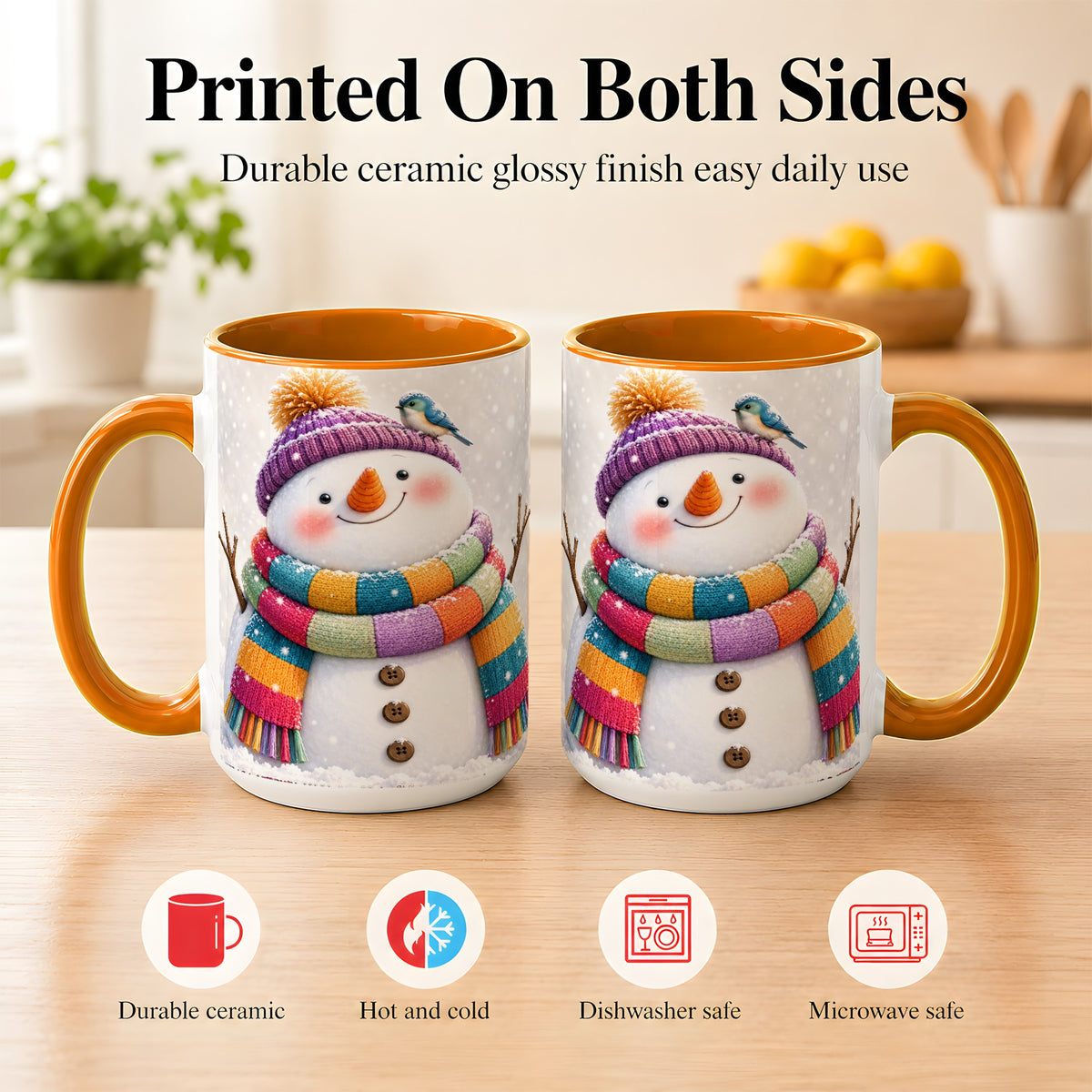 #pl[15oz|Orange] Cozy Snowman Coffee Mug, Blue Bird Winter Mug, Ceramic Cup