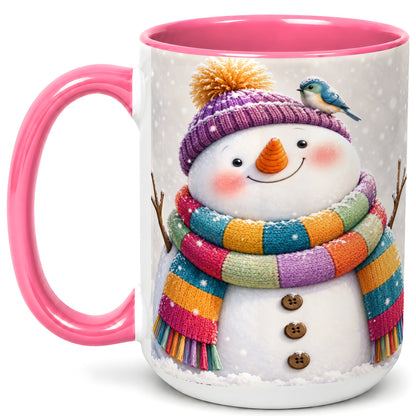 #pl[15oz|Pink] Cozy Snowman Coffee Mug, Blue Bird Winter Mug, Ceramic Cup