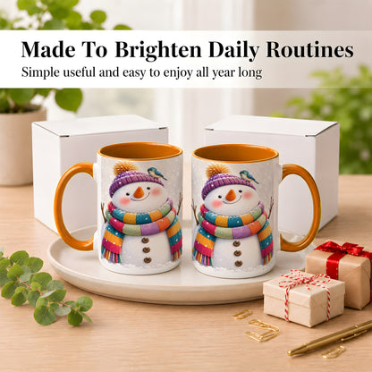 #pl[15oz|Orange] Cozy Snowman Coffee Mug, Blue Bird Winter Mug, Ceramic Cup