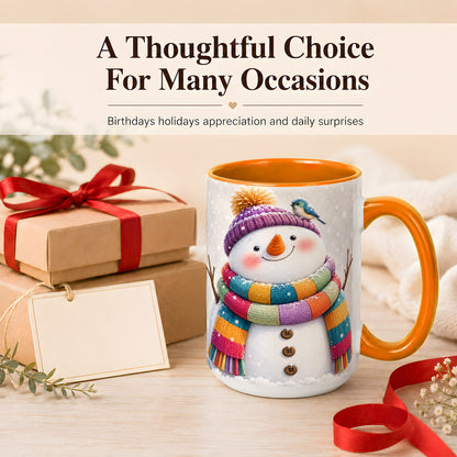 #pl[15oz|Orange] Cozy Snowman Coffee Mug, Blue Bird Winter Mug, Ceramic Cup