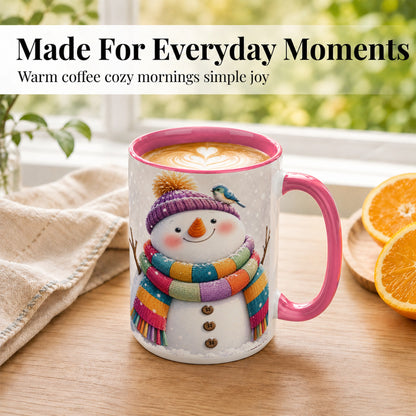 #pl[15oz|Pink] Cozy Snowman Coffee Mug, Blue Bird Winter Mug, Ceramic Cup