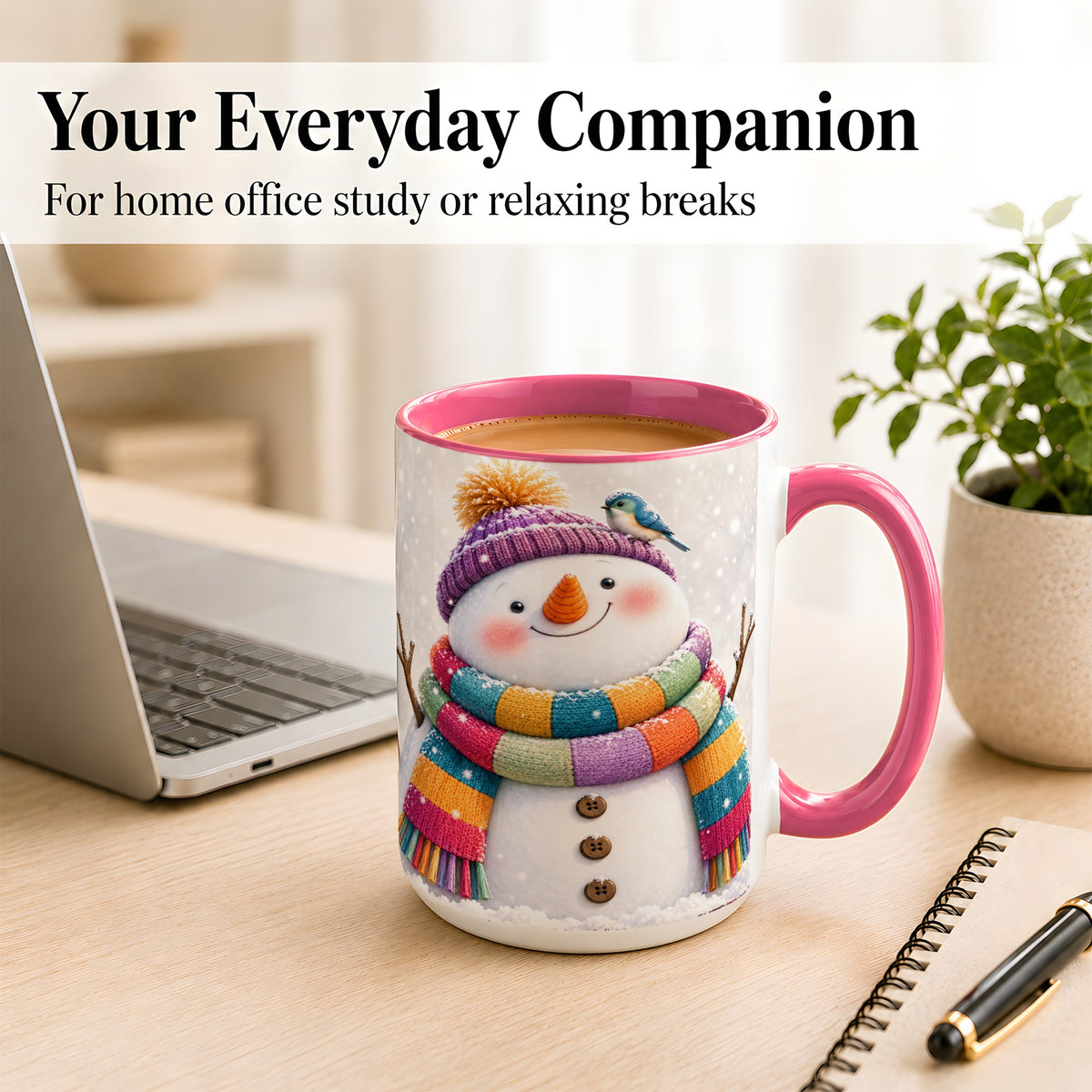 #pl[15oz|Pink] Cozy Snowman Coffee Mug, Blue Bird Winter Mug, Ceramic Cup