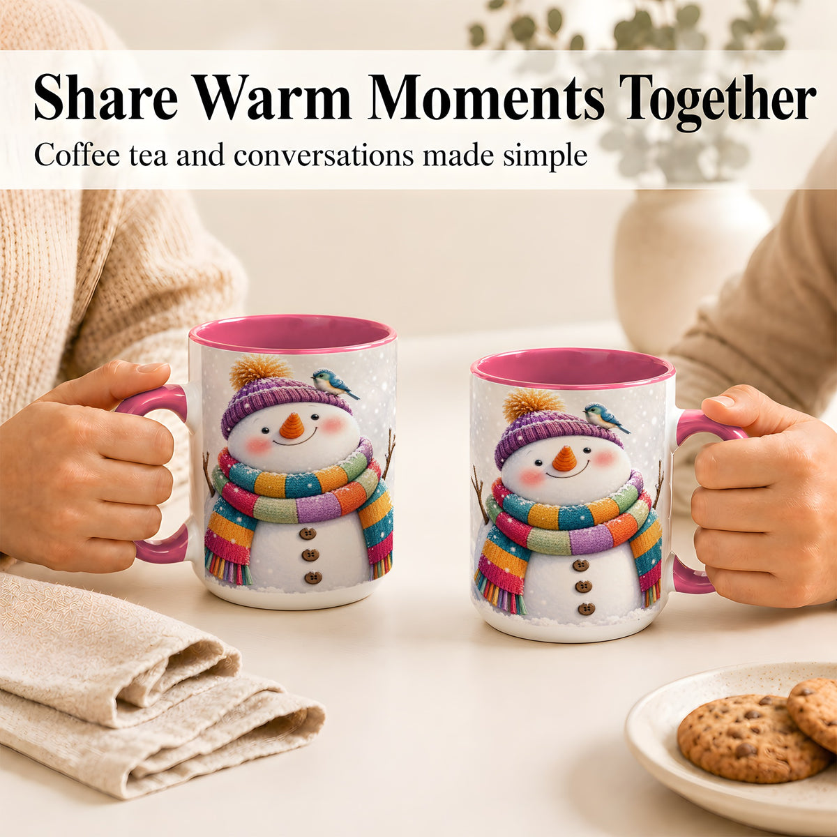 #pl[15oz|Pink] Cozy Snowman Coffee Mug, Blue Bird Winter Mug, Ceramic Cup