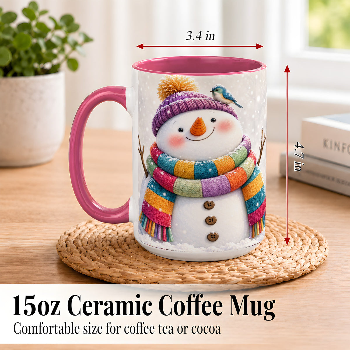 #pl[15oz|Pink] Cozy Snowman Coffee Mug, Blue Bird Winter Mug, Ceramic Cup