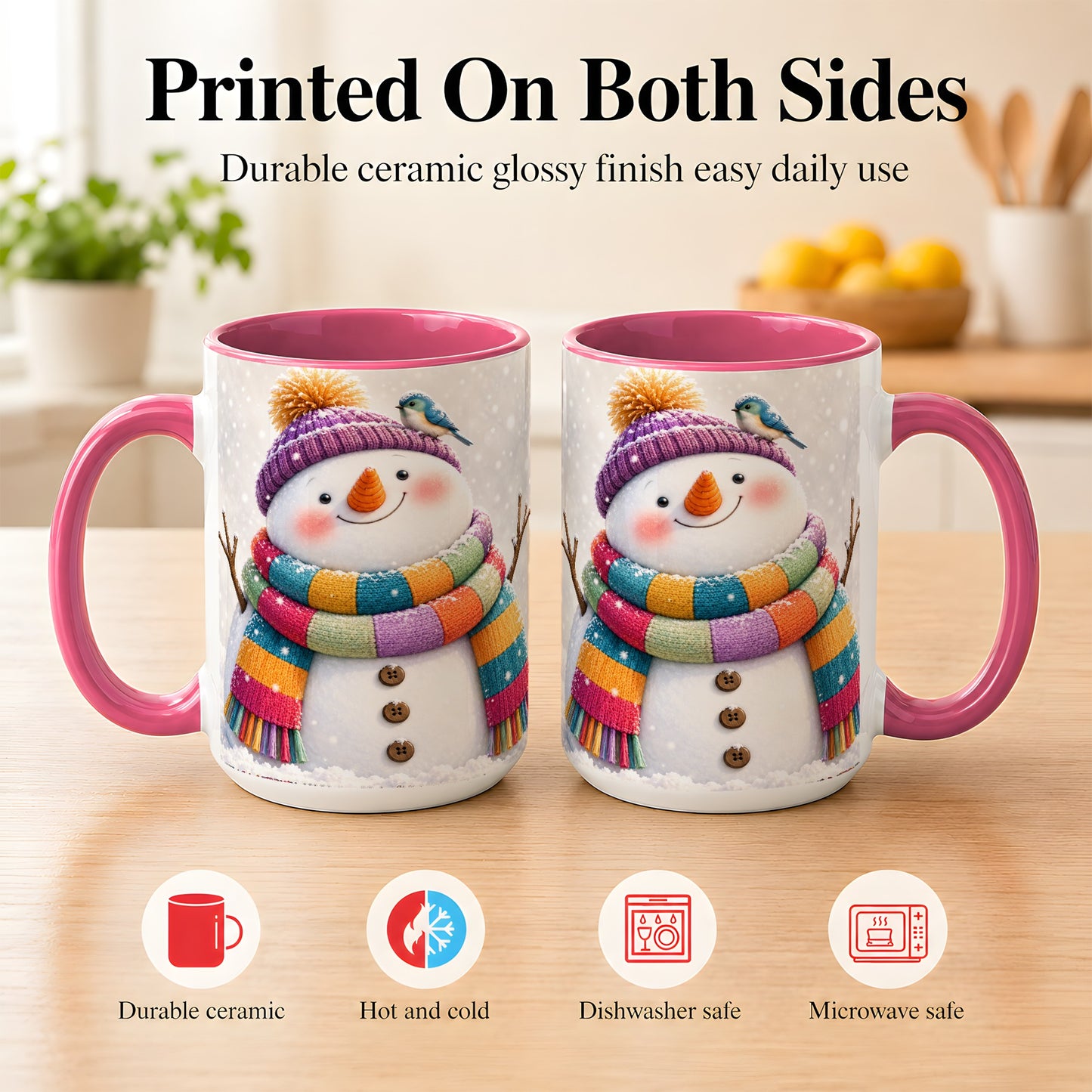 #pl[15oz|Pink] Cozy Snowman Coffee Mug, Blue Bird Winter Mug, Ceramic Cup