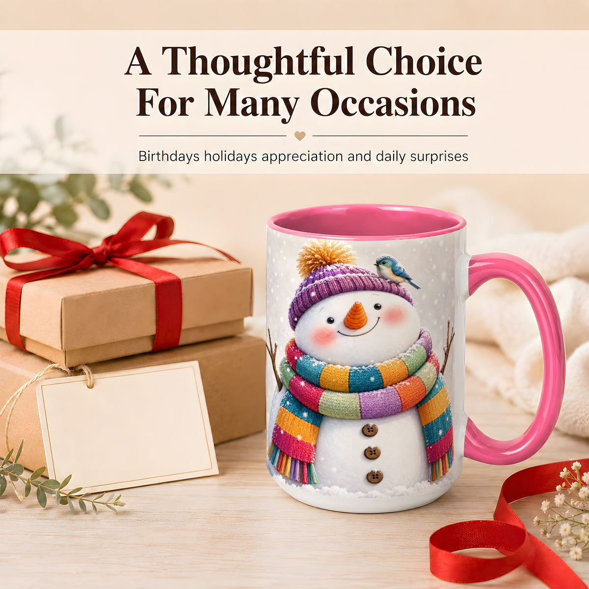 #pl[15oz|Pink] Cozy Snowman Coffee Mug, Blue Bird Winter Mug, Ceramic Cup