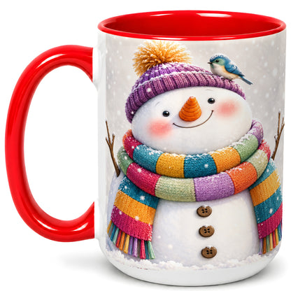 #pl[15oz|Red] Cozy Snowman Coffee Mug, Blue Bird Winter Mug, Ceramic Cup