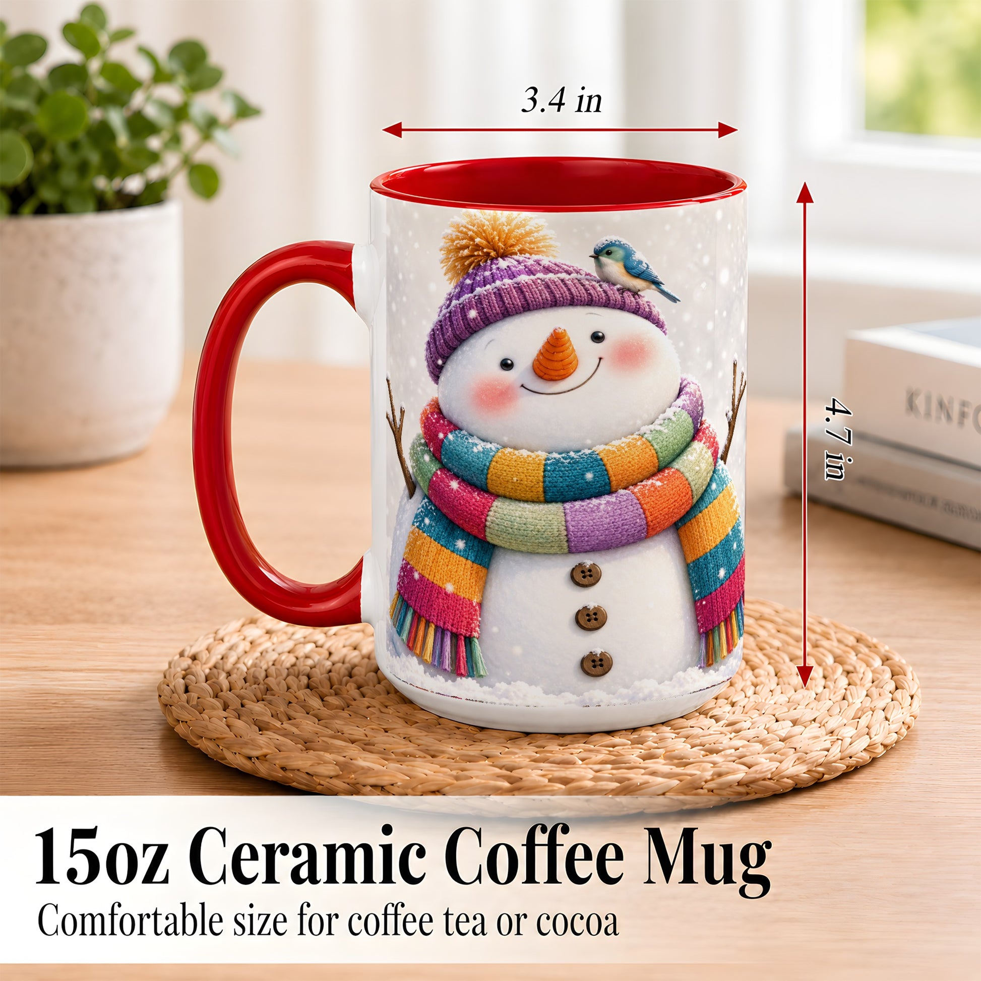#pl[15oz|Red] Cozy Snowman Coffee Mug, Blue Bird Winter Mug, Ceramic Cup