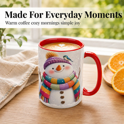 #pl[15oz|Red] Cozy Snowman Coffee Mug, Blue Bird Winter Mug, Ceramic Cup
