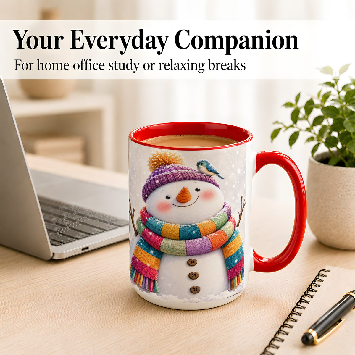 #pl[15oz|Red] Cozy Snowman Coffee Mug, Blue Bird Winter Mug, Ceramic Cup