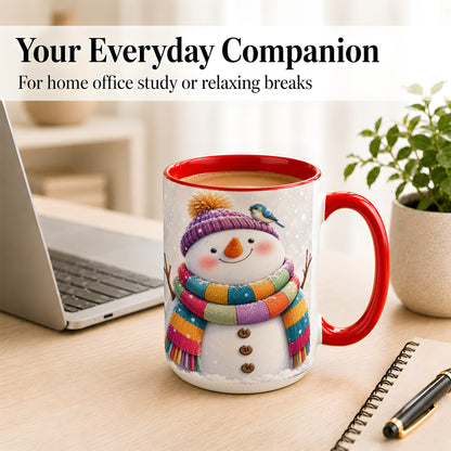 #pl[15oz|Red] Cozy Snowman Coffee Mug, Blue Bird Winter Mug, Ceramic Cup