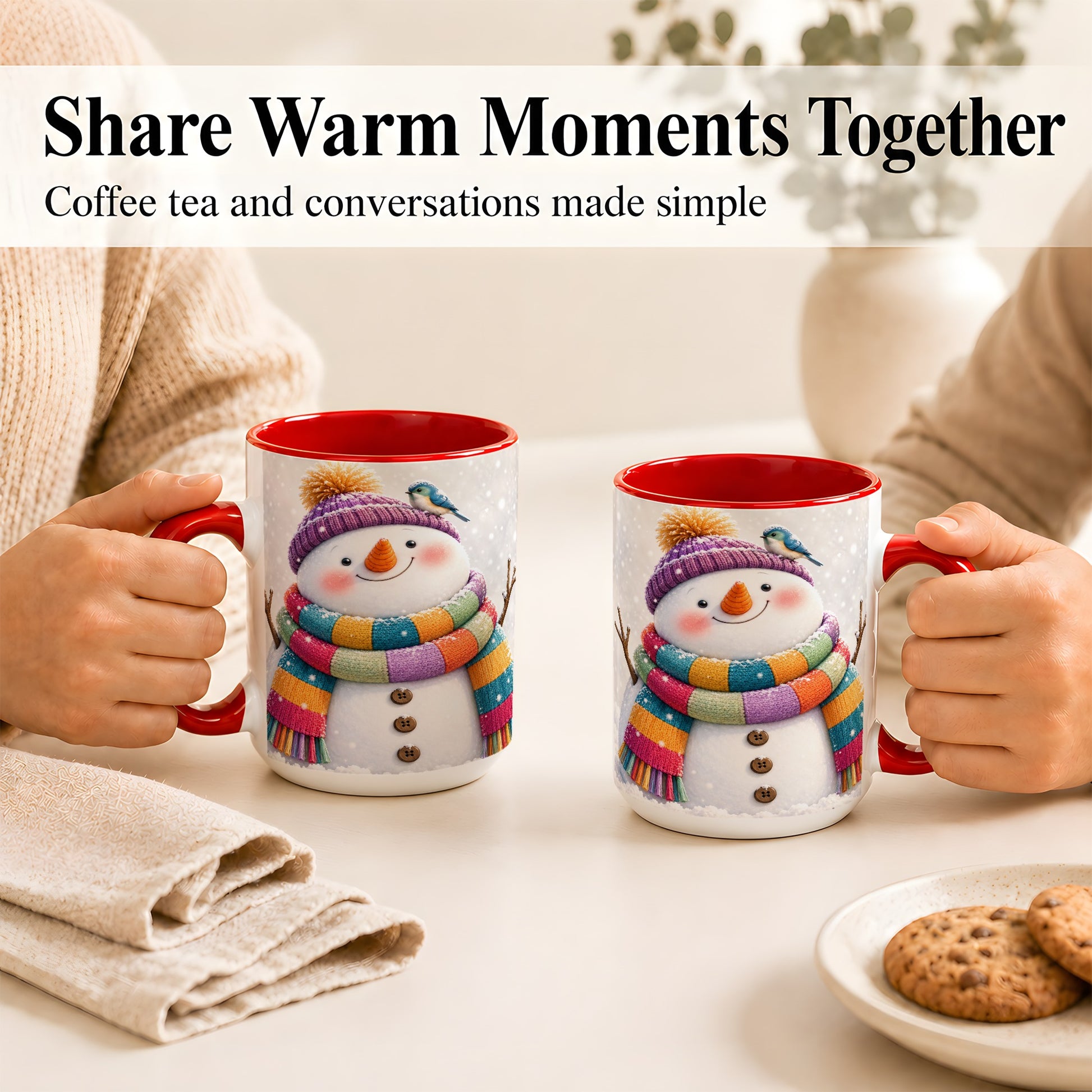 #pl[15oz|Red] Cozy Snowman Coffee Mug, Blue Bird Winter Mug, Ceramic Cup